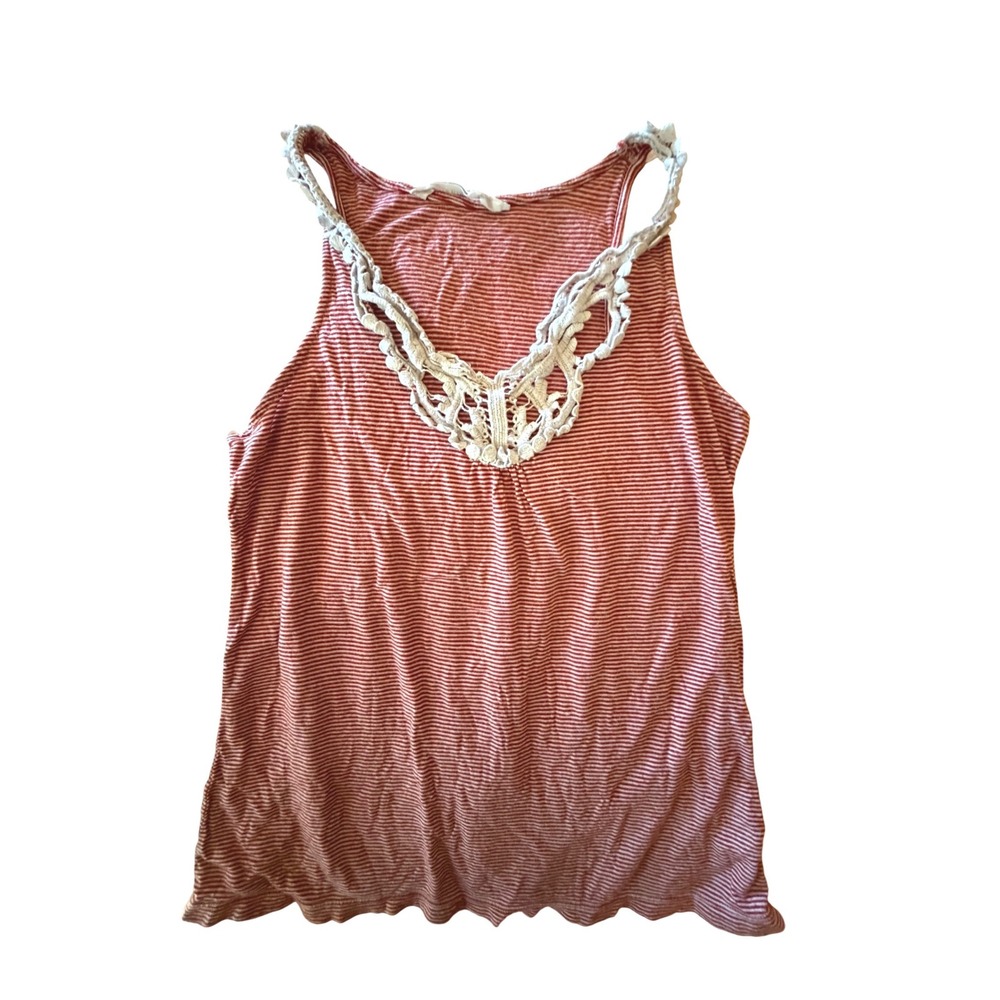 Vintage Old Navy Red White Striped Crochet Lace Trim V-Neck Tank Top XS Boho
